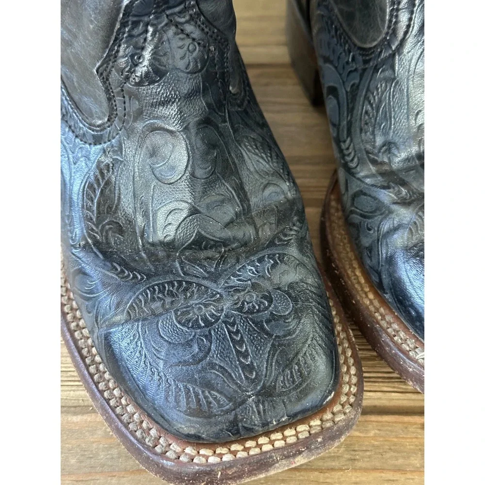 Tanner Mark Western Cowboy Boots Embossed Leather Kids 4 Black